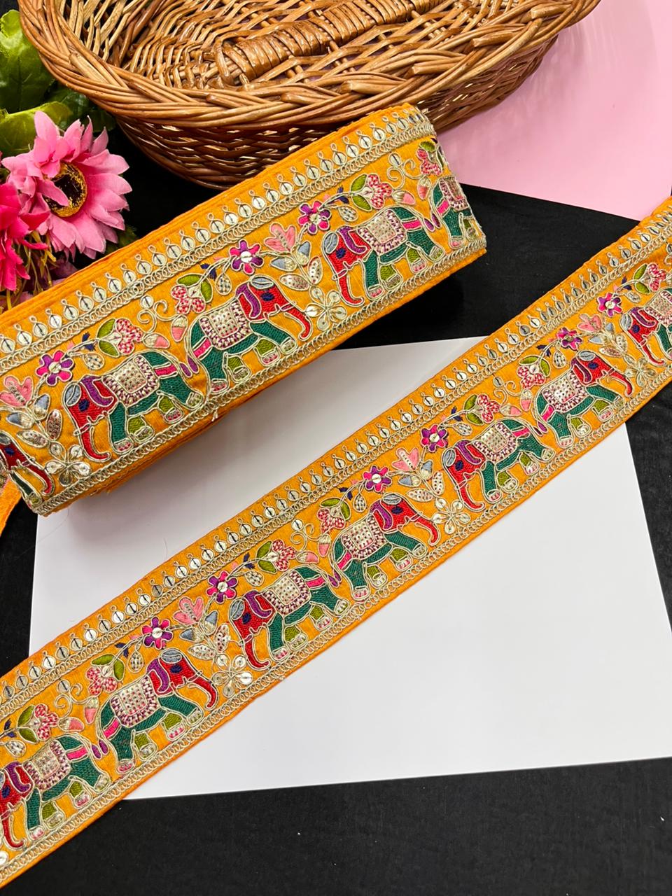 Beautiful Elephant Design Embroidered Zari Saree Lace – Premium Designer Embroidered Lace | Yellow