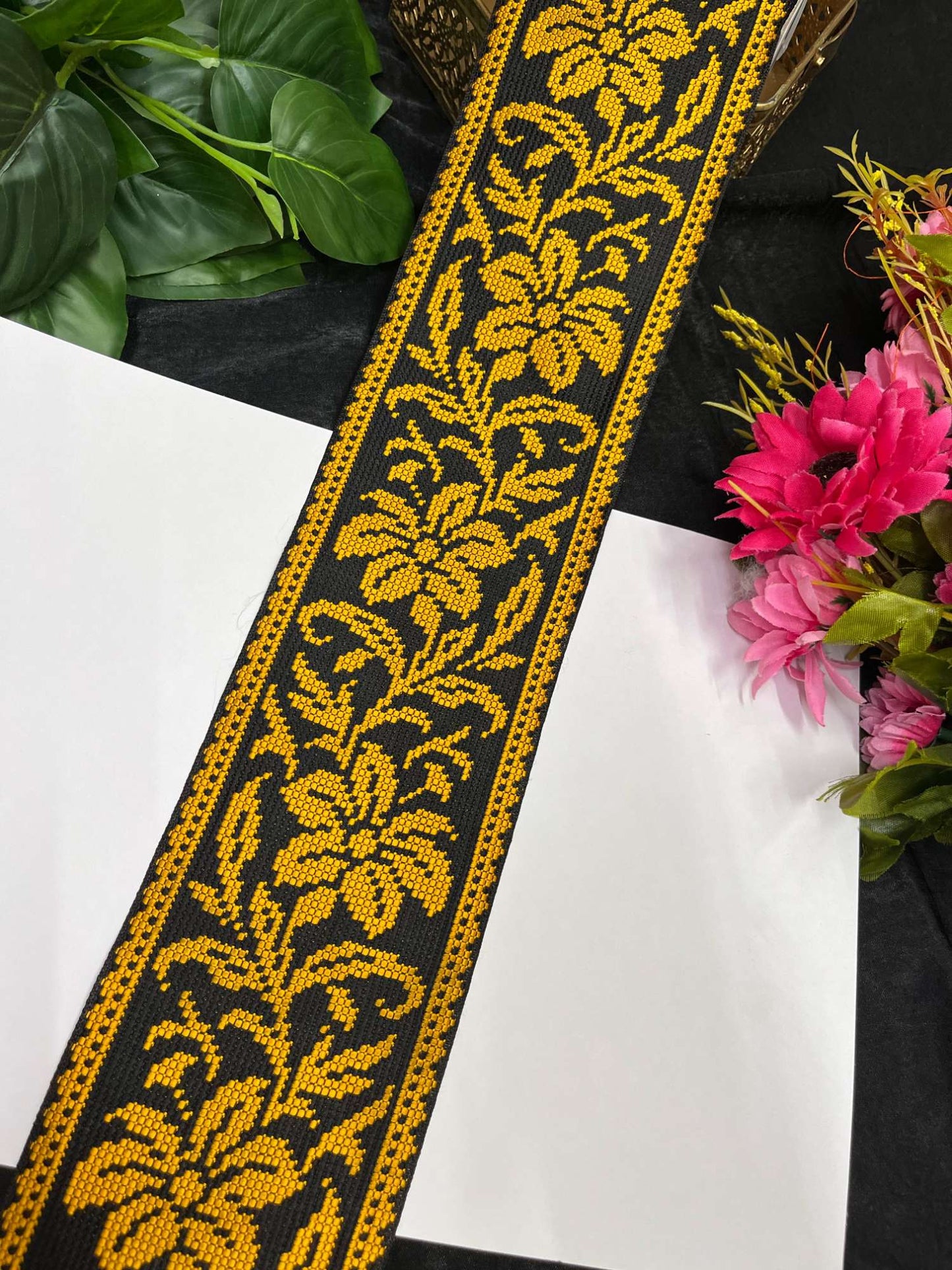 Cross Stitch Jacquard Border – 9 Meters, 4-Inch Thread Embroidered Lace for Sarees, Lehengas & Dupattas | Yellow