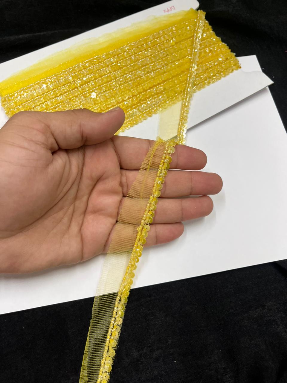 Handmade Sequins Lace Trim for Sarees, Blouses & Dresses – Narrow Handwork Embroidered Lace Border (1 cm) | Yellow