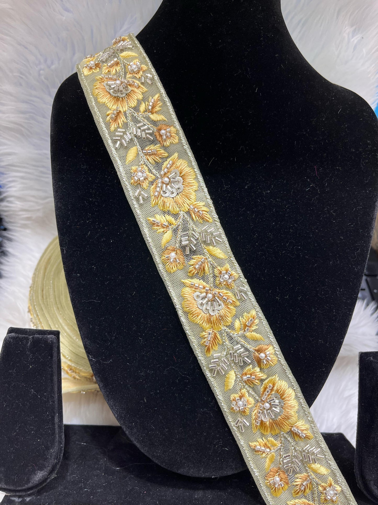 Thread and Cutdana Work Saree Lace | Embroidered Lace for Saree, Dupatta, Lehenga – 9 Meters, 1.5-Inch Width | Yellow