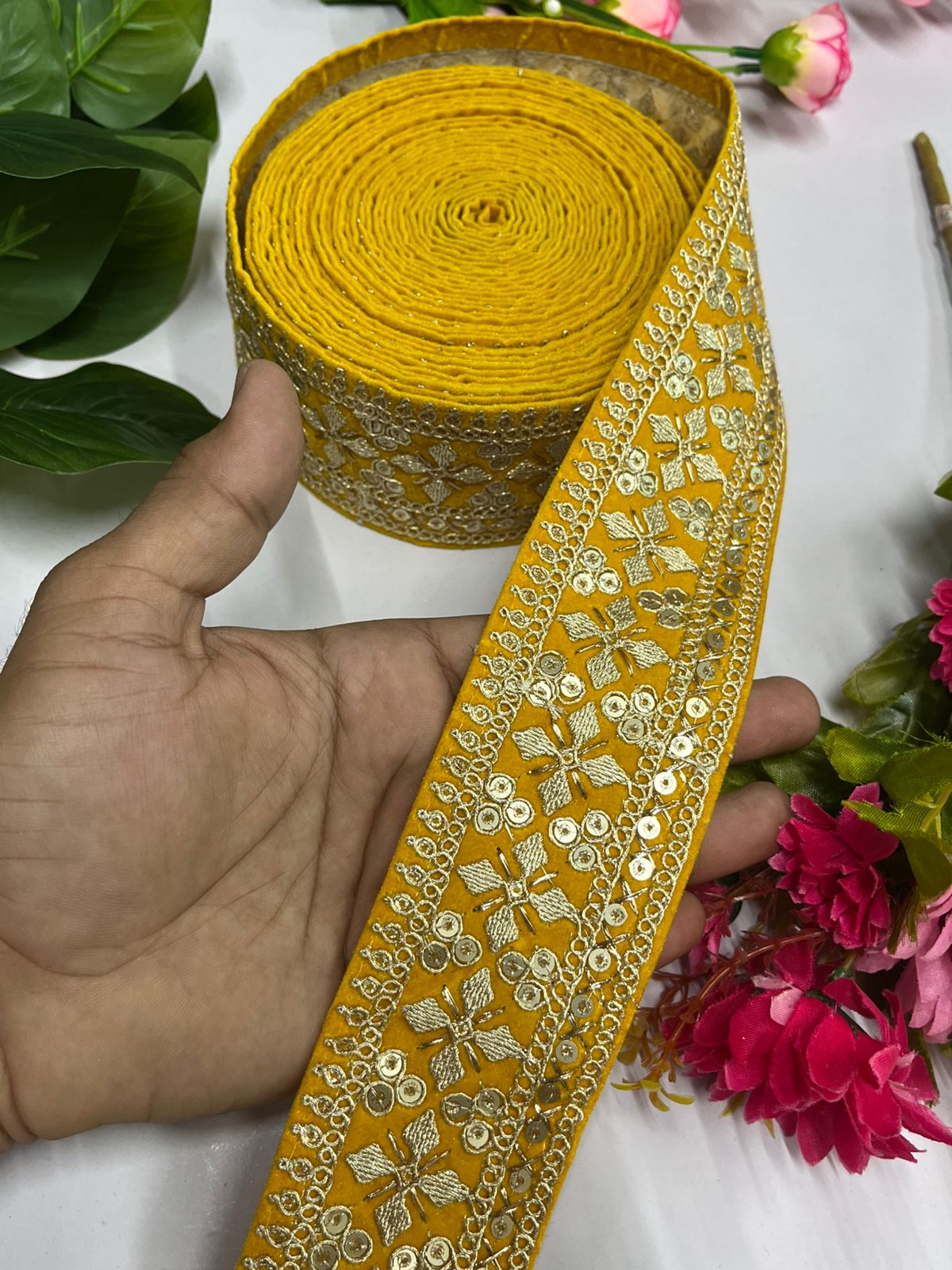 Zari Sequins Embellished Velvet Embroidered Saree Lace | Velvet Fabric Lace Border (9 Mtr) | Yellow