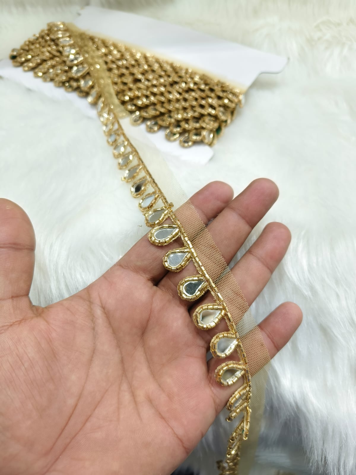 Handmade Cutdana Mirror Work Lace Borders – Premium Quality, Intricate Embellishments for Sarees, Lehengas, Dupattas, and Luxury Home Decor - Dark Gold