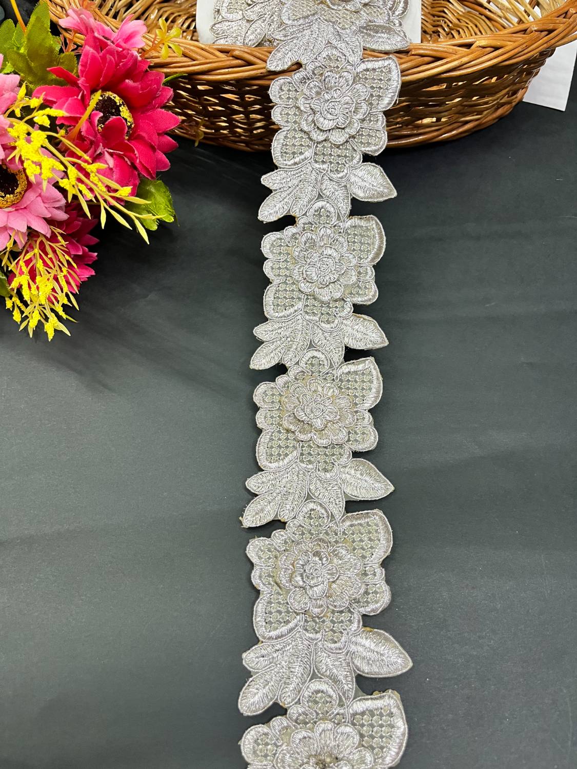 Silver Cutwork Embroidered Lace Border for Sarees & Dupattas (9 Meter) – 3 Inch Width