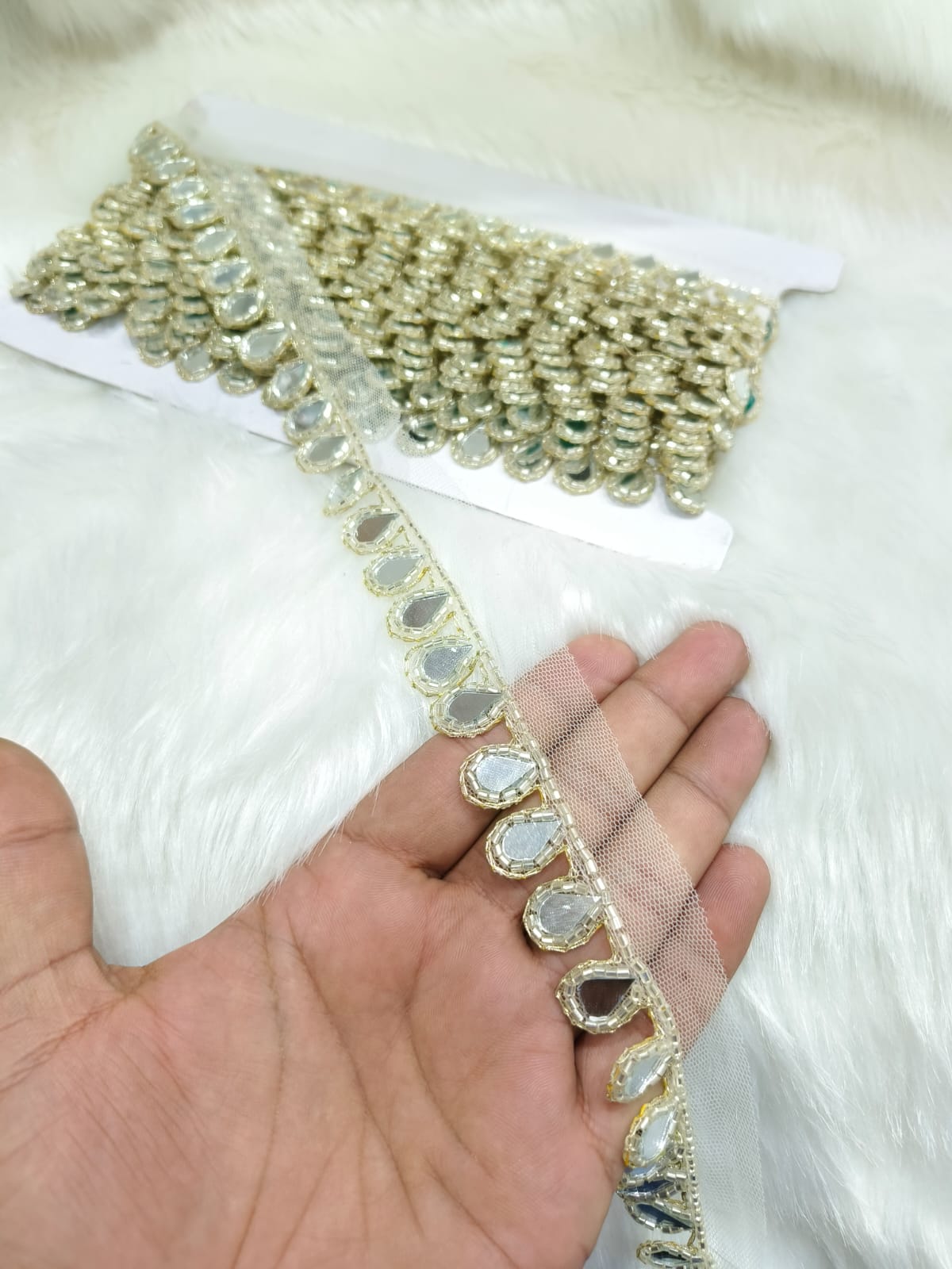 Handmade Cutdana Mirror Work Lace Borders – Premium Quality, Intricate Embellishments for Sarees, Lehengas, Dupattas, and Luxury Home Decor - Pani Gold