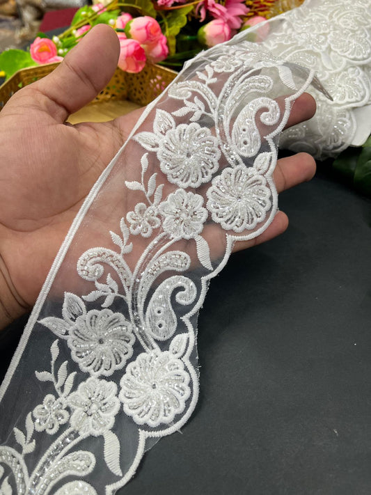 White Beaded Imported Flower Design Lace – Premium Saree Laces for Elegant & Bridal Wear (9 Meter)