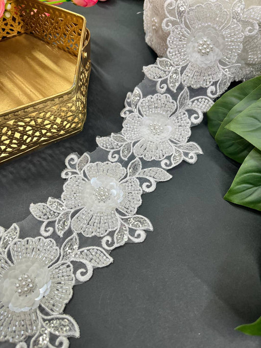 Beaded White Floral Imported Lace – Premium Saree Laces & Designer Trim (9 Meter)