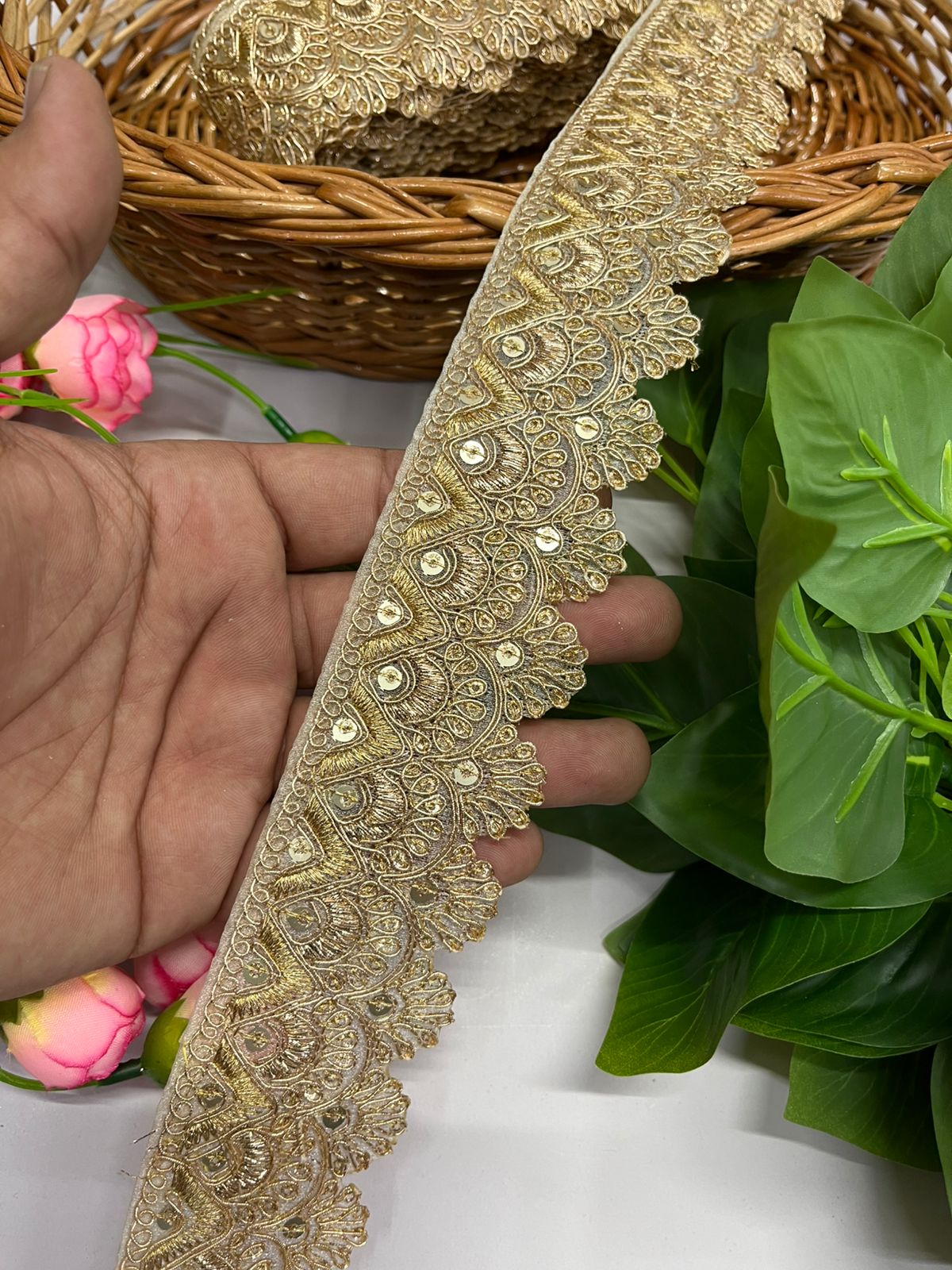Gold Zari with Gold Sequins Embroidered Lace - 9 Meter (2 Inch Width)