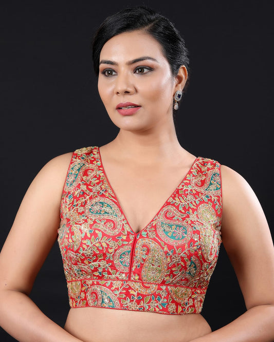 Embroidered Red V-Neck Padded Saree Blouse – Back Open Readymade Blouse for Women