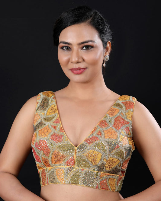 Yellow V-Neck Padded Saree Blouse – Back Open Readymade Blouse for Women