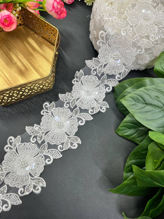 Beaded White Floral Imported Lace – Premium Saree Laces & Designer Trim (9 Meter)