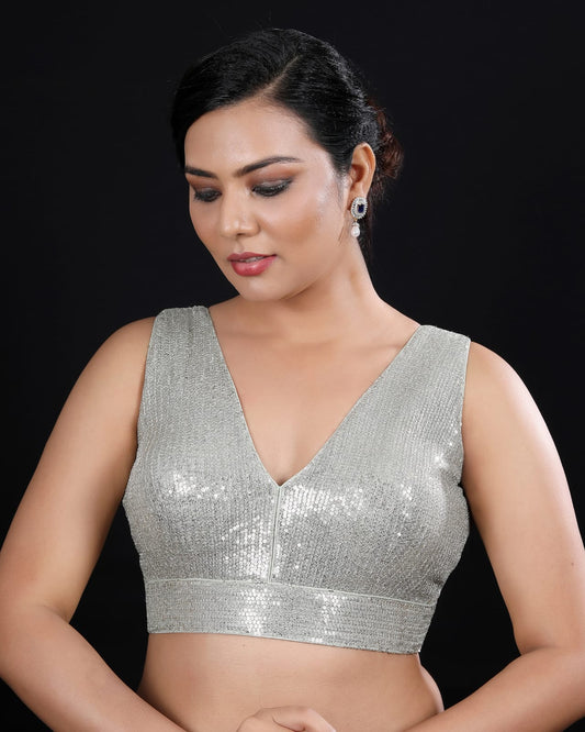 Grey Sequin Work V-Neck Padded Readymade Saree Blouse – Elegant Partywear