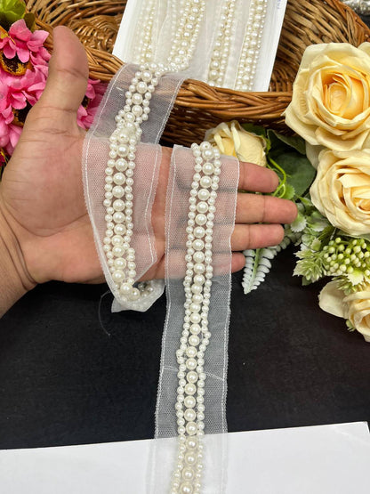Pearl Trim | Pearl Beaded Lace Trim | Pearl Ribbons – Premium Handmade Border for Sarees, Dupattas & Bridal Wear (9 Meter, 1 Inch Width)