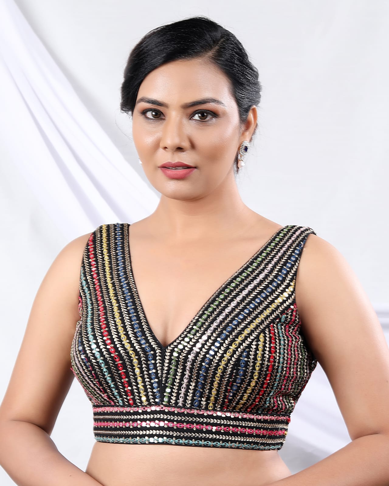 Black V-Neck Multicoloured Embroidered Padded Saree Blouse – Back Open Readymade Blouse