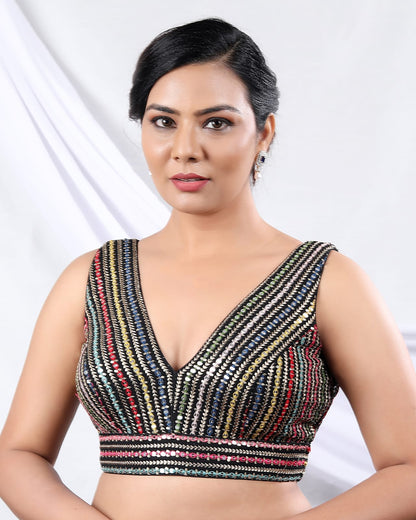 Black V-Neck Multicoloured Embroidered Padded Saree Blouse – Back Open Readymade Blouse
