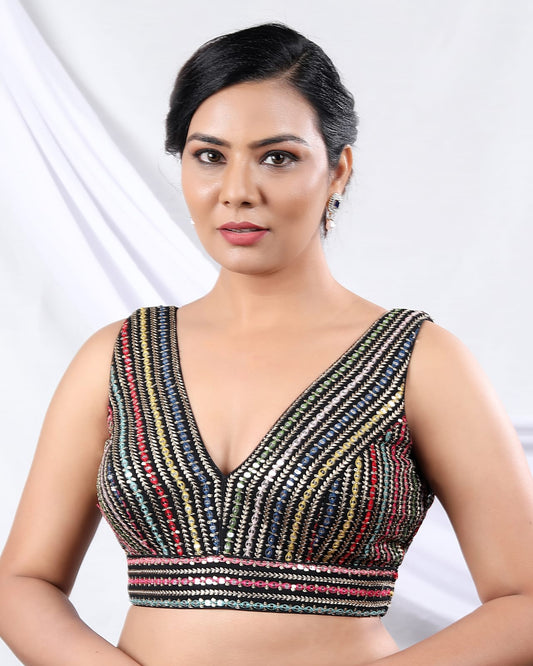 Black V-Neck Multicoloured Embroidered Padded Saree Blouse – Back Open Readymade Blouse
