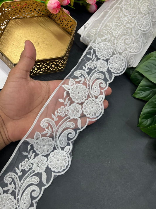 White Beaded Imported Flower Design Lace – Premium Saree Laces for Elegant & Bridal Wear (9 Meter)