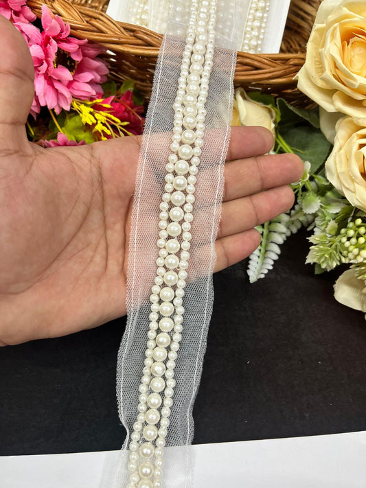 Pearl Trim | Pearl Beaded Lace Trim | Pearl Ribbons – Premium Handmade Border for Sarees, Dupattas & Bridal Wear (9 Meter, 1 Inch Width)