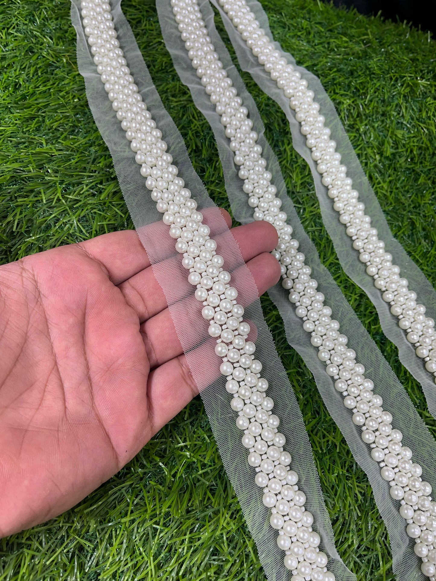 Pearl Trim | Pearl Beads Lace Trim | Pearl Sewing Lace | Bead Work Handmade Lace – 9 Meters, 0.5-Inch Width | Design 2