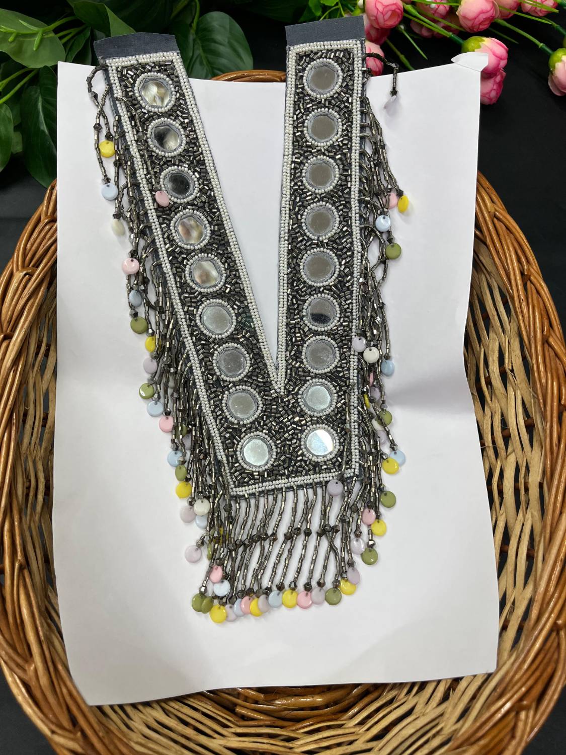 Beautiful Real Mirror Work Handmade Neck Patch for Kurtis, Tops & Navratri Outfits | Silver