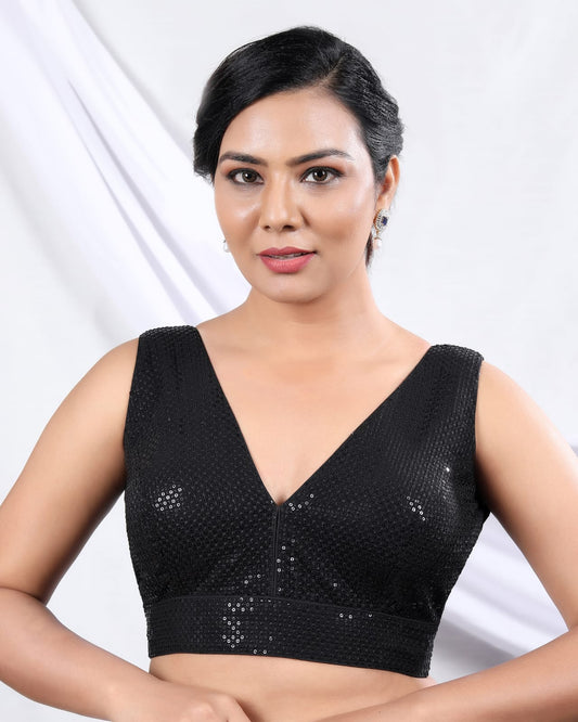 Black Sequin Embellished Padded Saree Blouse – Back Open Partywear Readymade Blouse