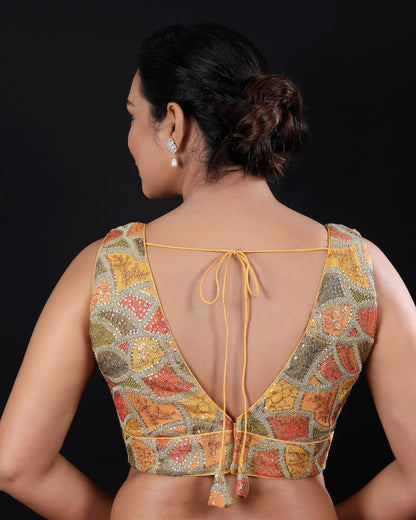 Yellow V-Neck Padded Saree Blouse – Back Open Readymade Blouse for Women