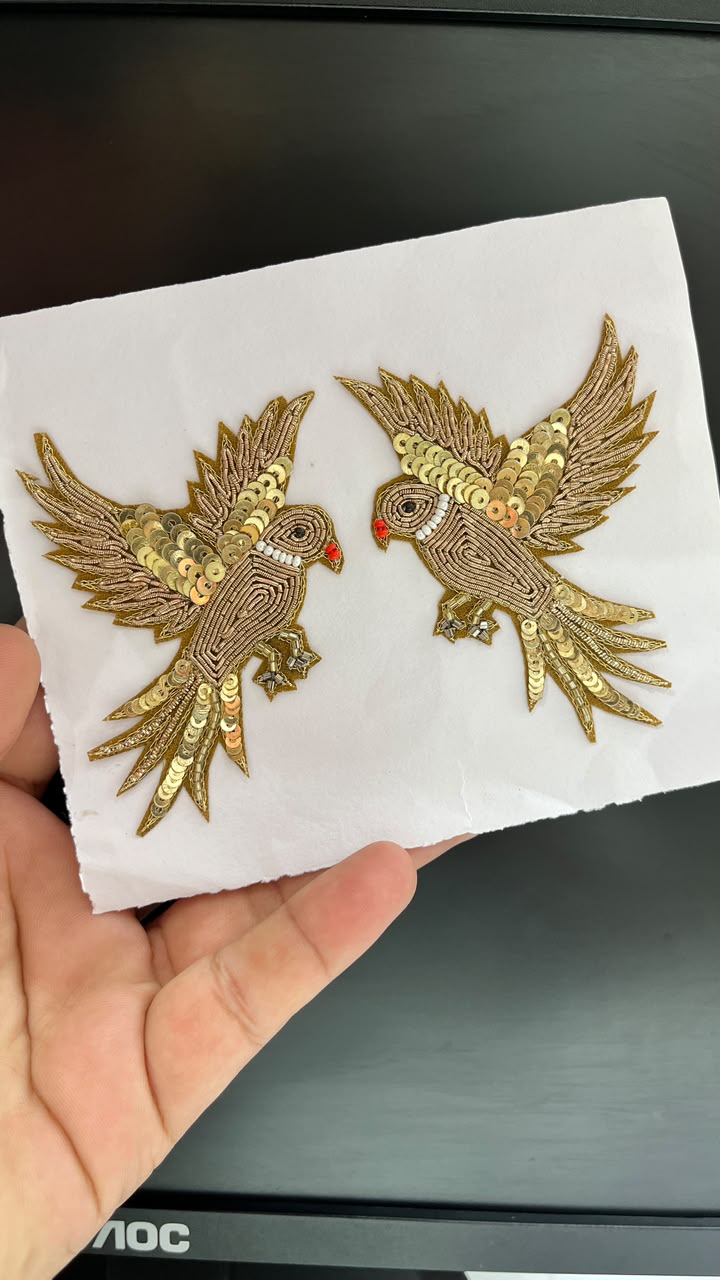 Handcrafted Zardozi Work Bird Patches for Sarees, Lehengas, Blouses & Dresses – Designer Embroidered Bird Applique Set of 2 | DC1076