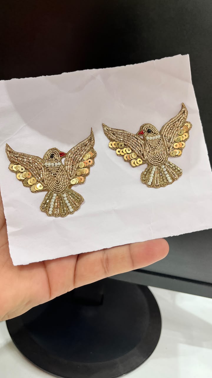 Handcrafted Zardozi Work Bird Patches for Sarees, Lehengas, Blouses & Dresses – Designer Embroidered Bird Applique Set of 2 | DC1077