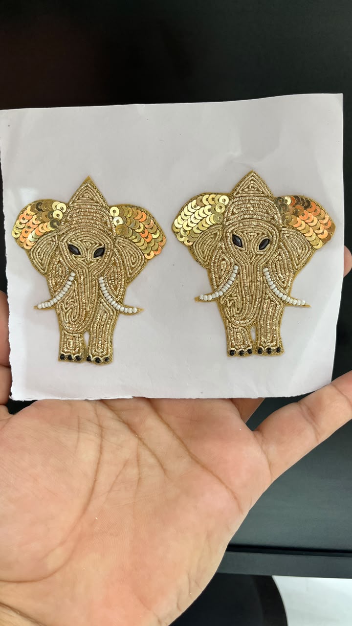 Handmade Zardozi Work Elephant Patches for Sarees, Lehengas, Blouses & Dresses – Designer Elephant Applique Set of 2 | DC1078
