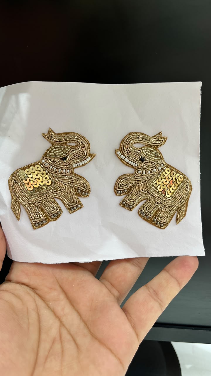 Handmade Zardozi Work Elephant Patches for Sarees, Lehengas, Blouses & Dresses – Designer Elephant Applique Set of 2 | DC1079