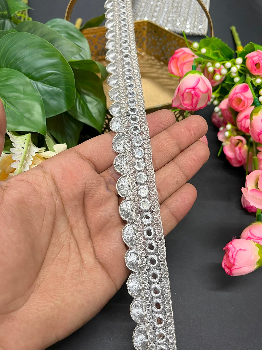 Silver Scallop Mirror Trims Lace Foil Mirror Dupatta Lace – 9 Meter, 1 Inch Width – Decorative Craft Trim