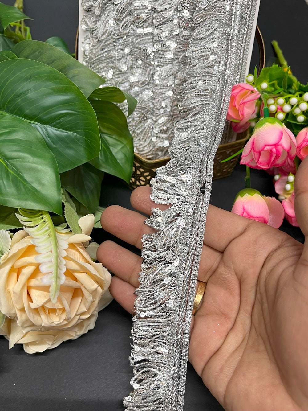 Silver Sequence Tassels Fringe Lace – 9 Meter, 1.5 Inch Width – Elegant Craft Trim