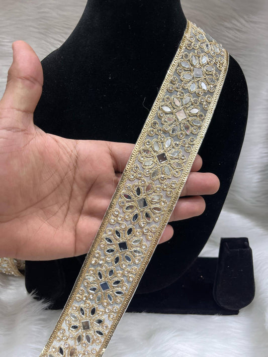 Real Mirror Lace | Gold Real Lace Trims – 9 Meters, 1.5-Inch Embellished Border for Sarees, Lehengas & Dupattas