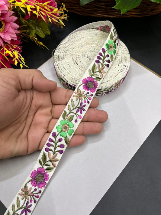 Flower Thread Embroidery Kashmiri Lace – Fine Floral Embroidered Border for Sarees, Dupattas & Dresses (9 Meter, 1 Inch Width) | Multi 13