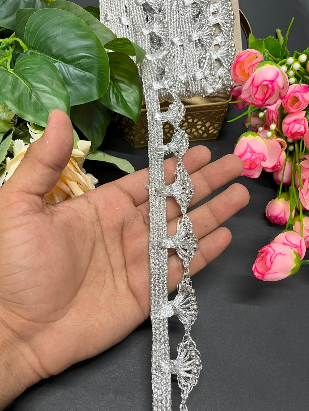 Silver Lace Design – Craft Embroidered Lace Reel in Silver – 9 Meter, 1.5 Inch Width
