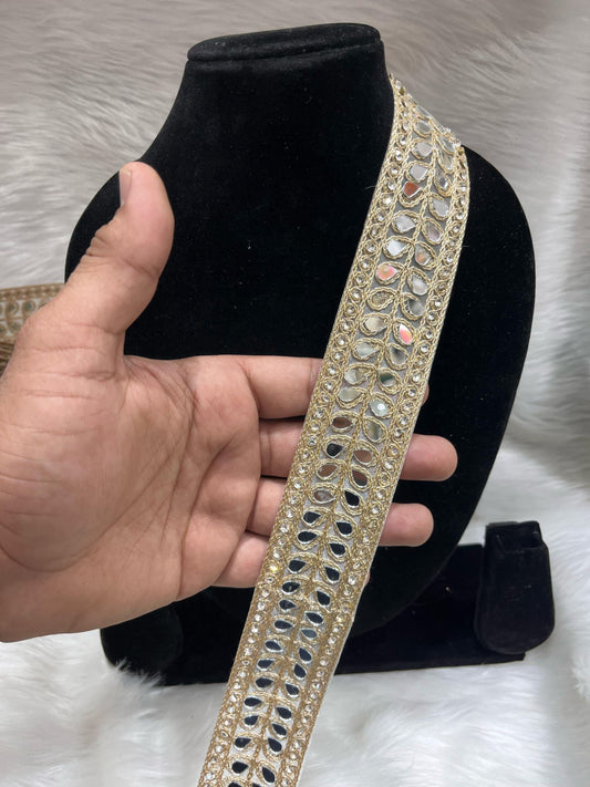 Real Mirror Lace | Gold Lace Trims – 9 Meters, 1.5-Inch Decorative Border for Sarees, Lehengas & Dupattas