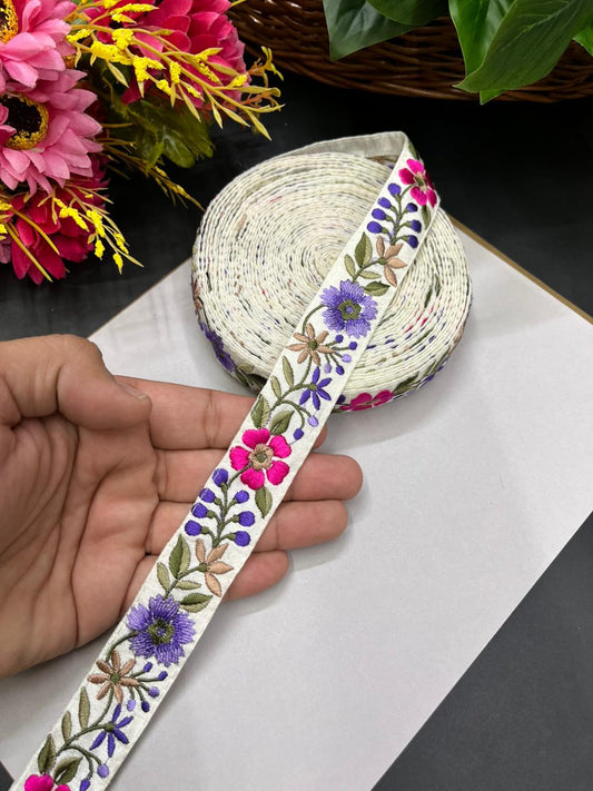 Flower Thread Embroidery Kashmiri Lace – Fine Floral Embroidered Border for Sarees, Dupattas & Dresses (9 Meter, 1 Inch Width) | Multi 14