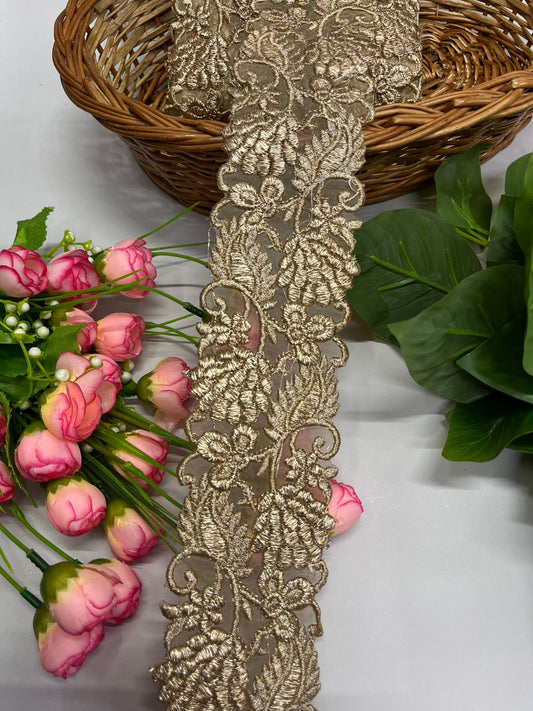 Gold Embroidered Lace Trims, Embellished Craft Lace Design - 9 Meter (3 Inch Width, Gold)
