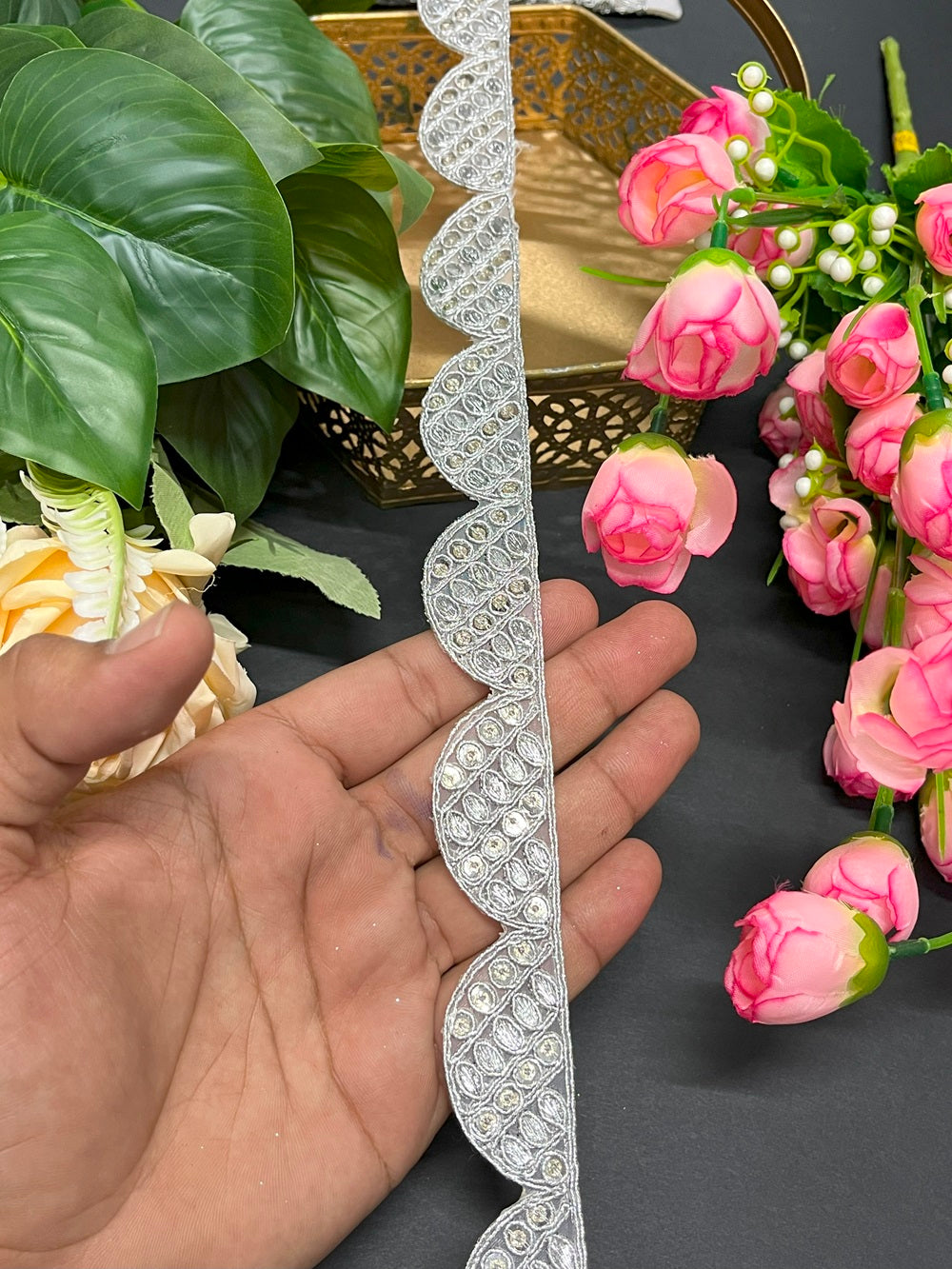 Silver Scalloped Embellishments Lace – 9 Meter, 1.5 Inch Width – Perfect for Weddings