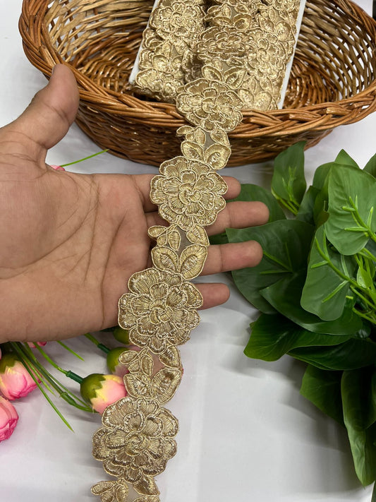 Flower Design Gold Sequins Embroidered Lace Borders - 9 Meter (2 Inch Width, Gold)