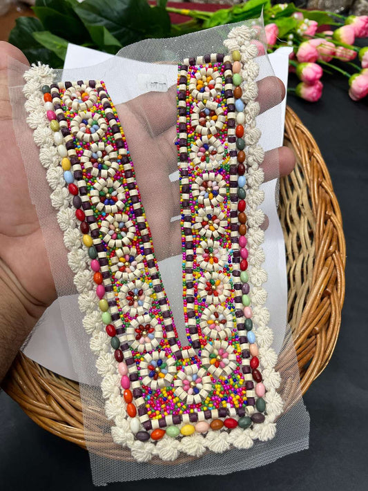 Beautiful Multicoloured Bead Work Neck Patch for Kurtis, Dresses & Navratri Outfits – Handcrafted Applique Design | Design 17