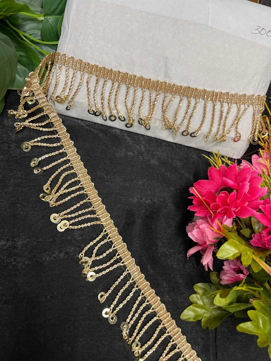 Zardosi Sequin Hanging Dulhan Lace – 9 Meters, 2-Inch Wide Gold Latkan Trim for Bridal Sarees & Lehengas