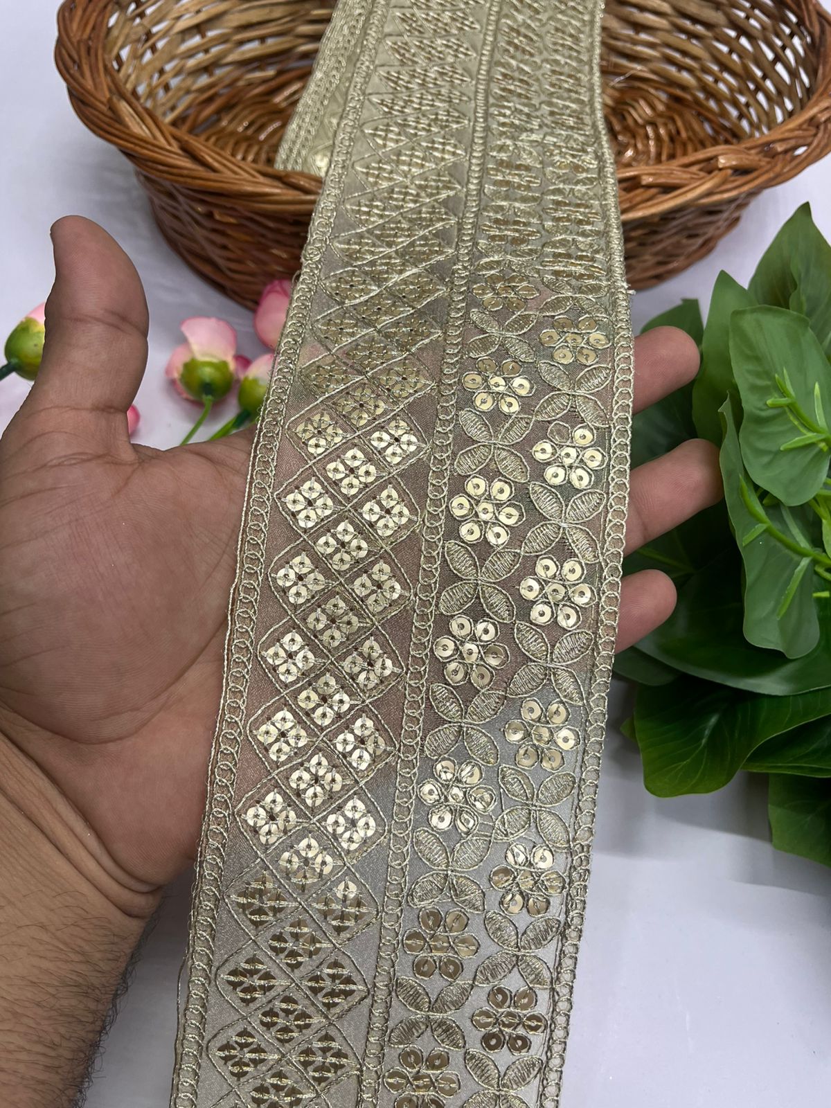 Gold Embroidered Design Gold Sequins Embroidered Lace Borders - 9 Meter (4 Inch Width, Gold)
