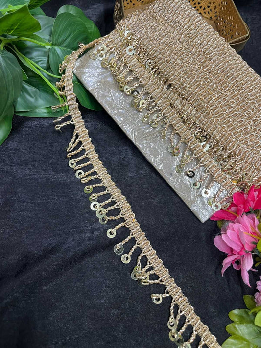 Zardosi Sequin Hanging Dulhan Lace – 9 Meters, 1-Inch Gold Latkan Trim for Bridal Sarees & Lehengas