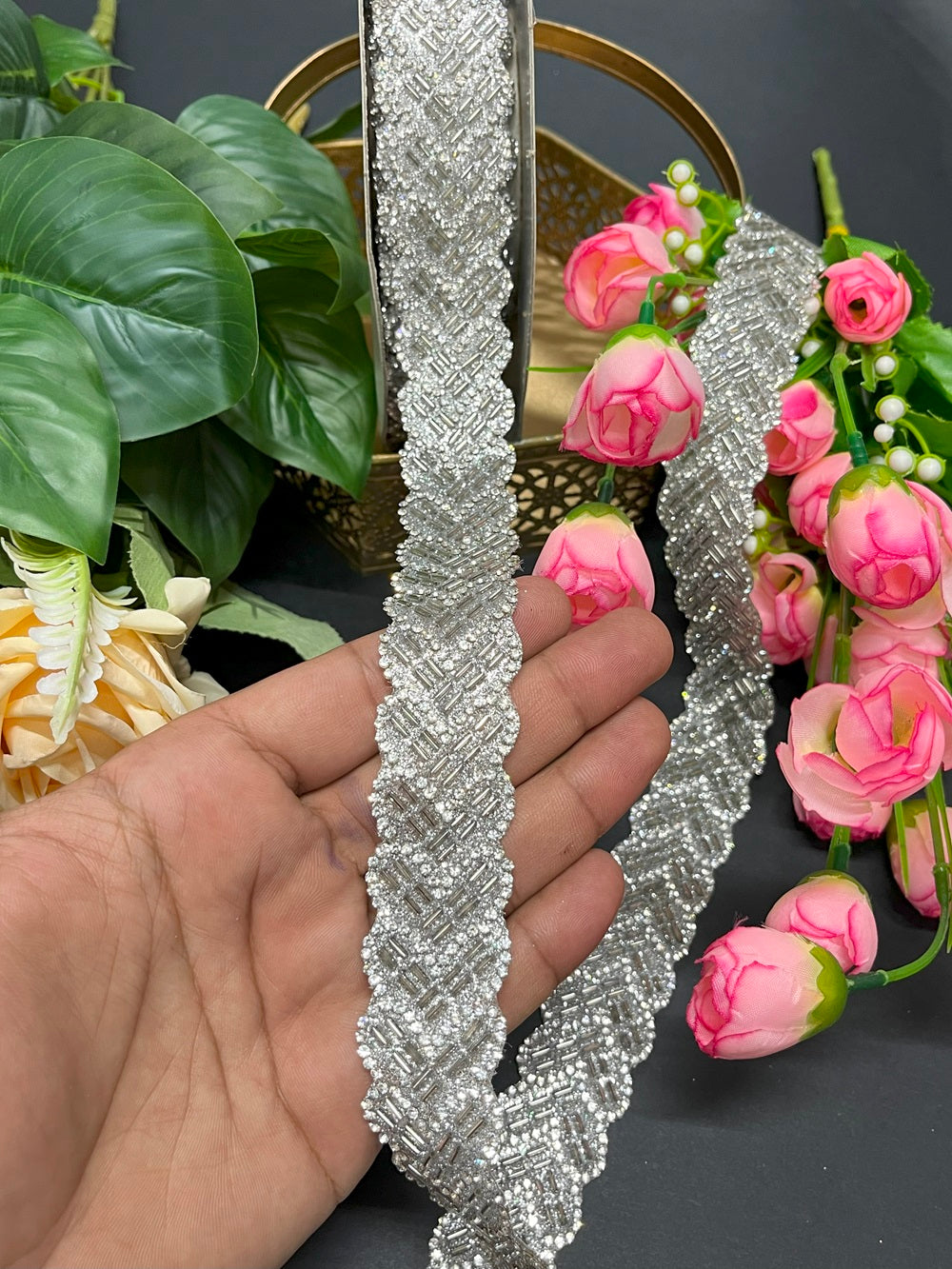 Stonework Silver Lace Trim – Diamond Indian Trim – 9 Meter, 1 Inch Width