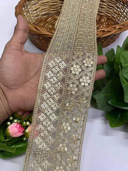 Gold Embroidered Design Gold Sequins Embroidered Lace Borders - 9 Meter | 4 Inch Width, Gold