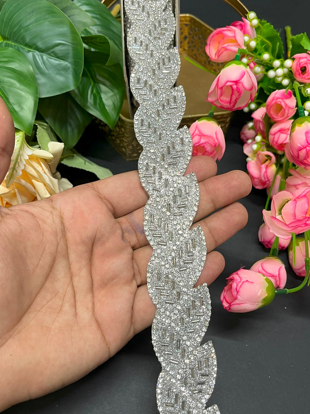 Stonework Silver Lace Trim – Indian Diamond Trim – 9 Meter, 1 Inch Width