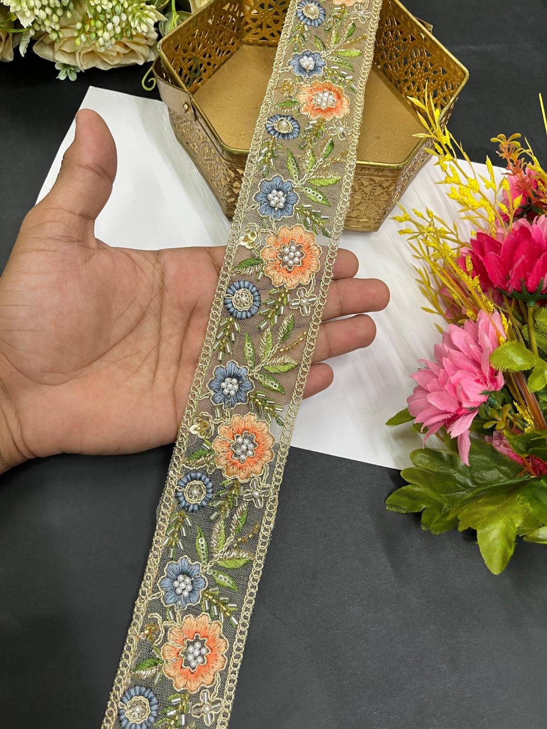 Beautiful Multicoloured Flower Pipe Work Zari Embroidered Saree Laces – 9 Meter Designer Border | Multi 1