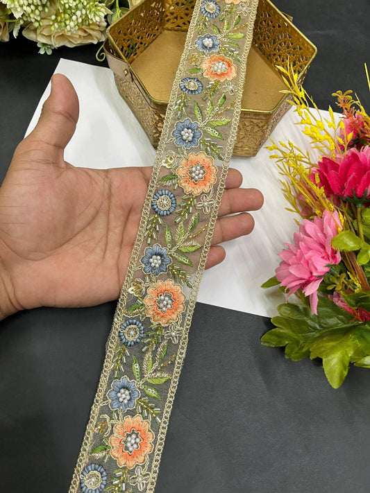 Beautiful Multicoloured Flower Pipe Work Zari Embroidered Saree Laces – 9 Meter Designer Border | Multi 1