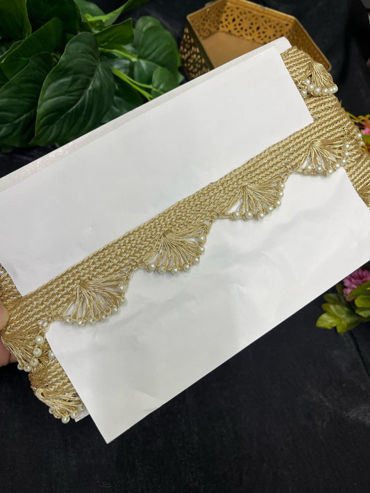 Scalloped Gold Pearl Bead Lace – 9 Meters, 1.5-Inch Embroidered Border for Sarees, Lehengas & Dupattas