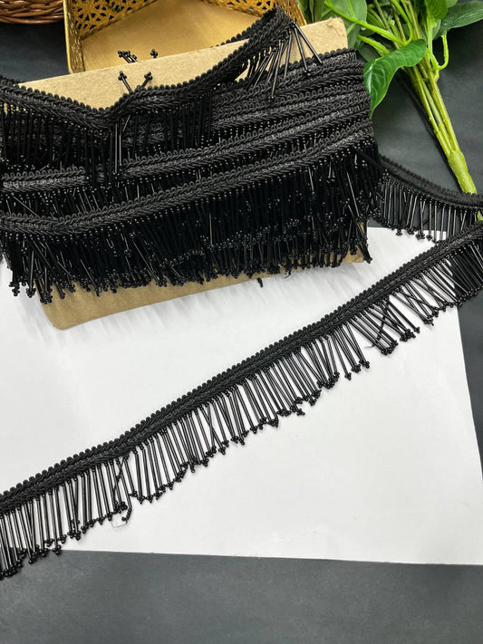 Black Hanging Lace Pipe Border for Kurtis, Dresses & Sarees – Decorative Latkan Lace Trim (9 Meter) | Black